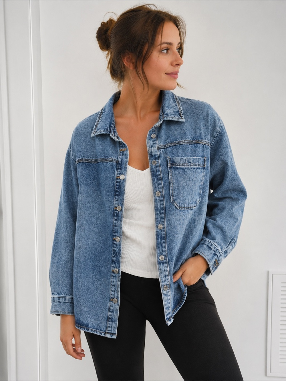 Kensie Jeans Vintage Luxe Denim Shacket Women’s Large Button Front